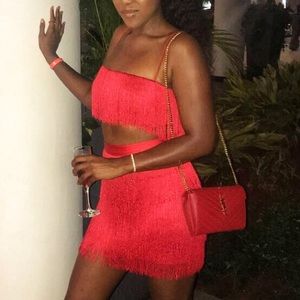Meshki Two Piece Red Fringe Skirt set